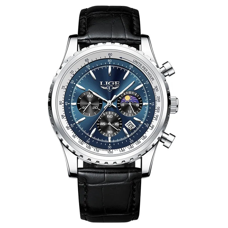 LIGE8989 Chronograph Luxo Couro Marrom Masculino