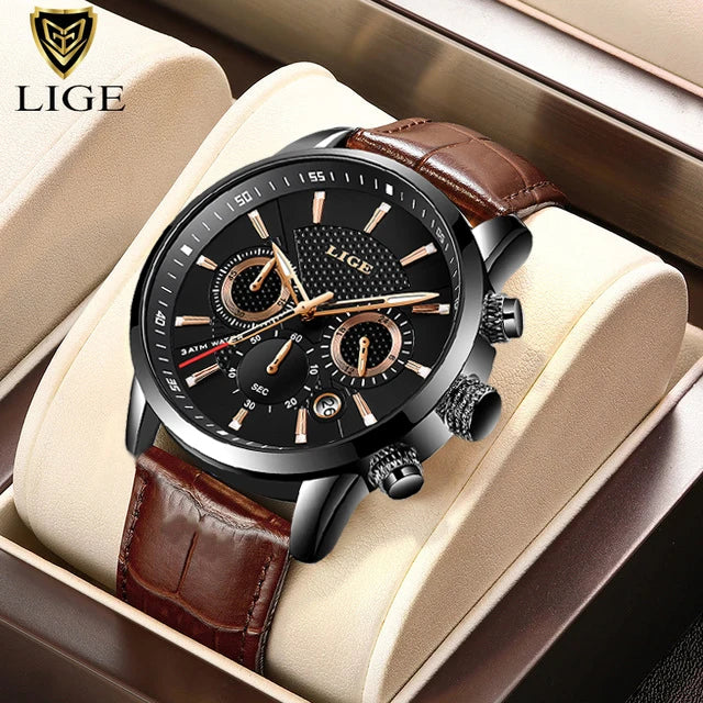 LIGE 9866 Brown Leather Chronograph Men’s Watch