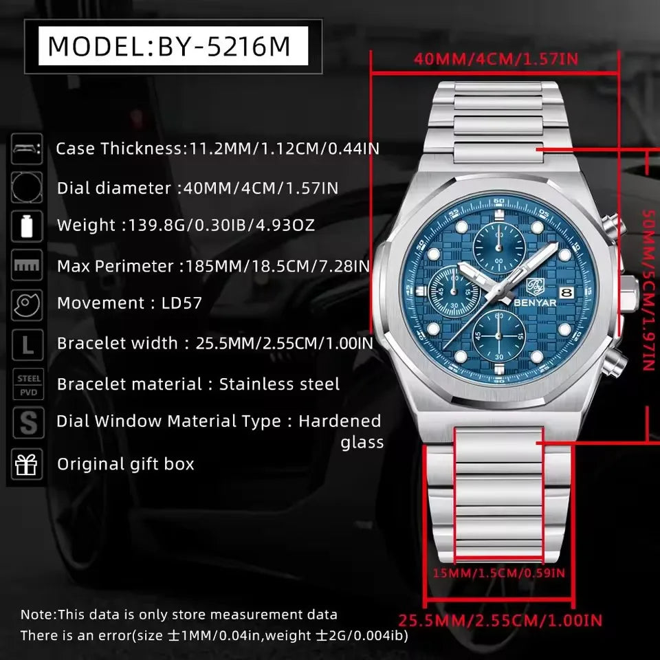 Benyar 5216 Blue Chronograph Stainless Steel Watch