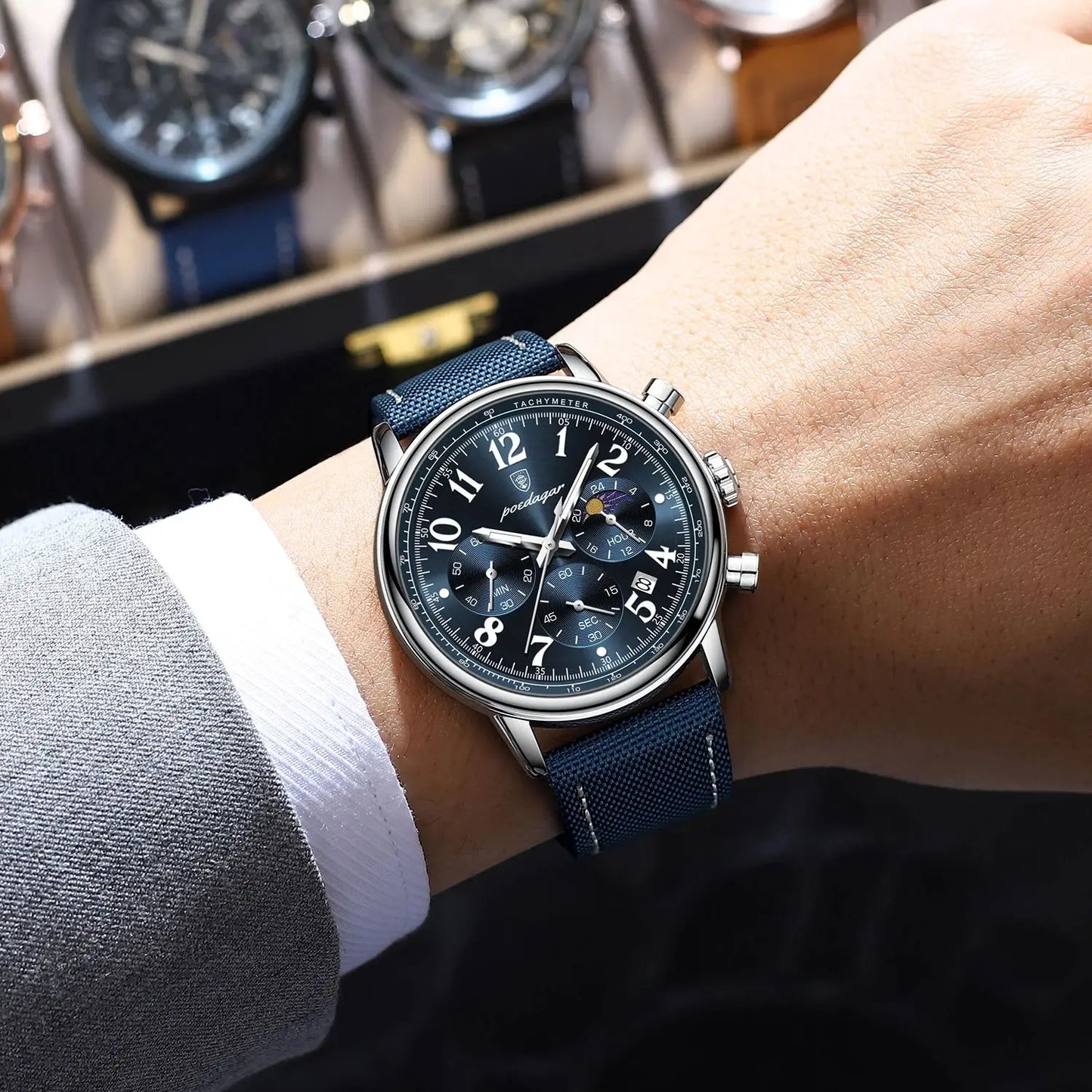 POEDAGAR 808 Men’s Quartz Watch – Moon Phase, Luminous Dial