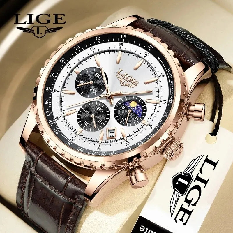 LIGE8989 Chronograph Luxo Couro Marrom Masculino