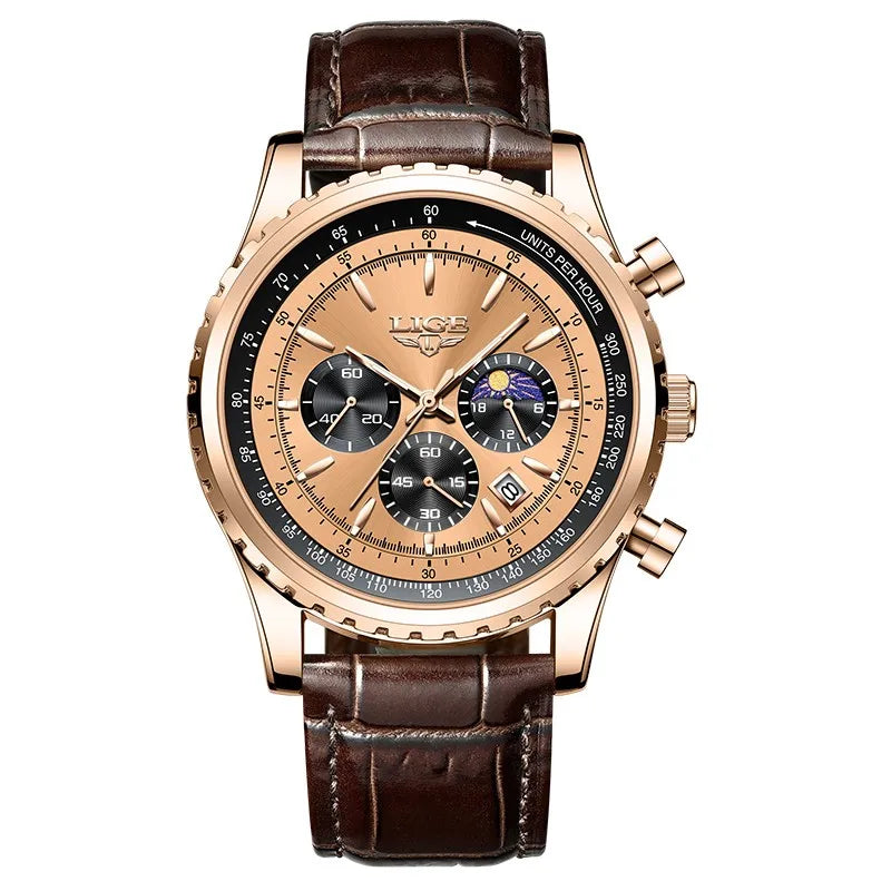 LIGE8989 Chronograph Luxo Couro Marrom Masculino