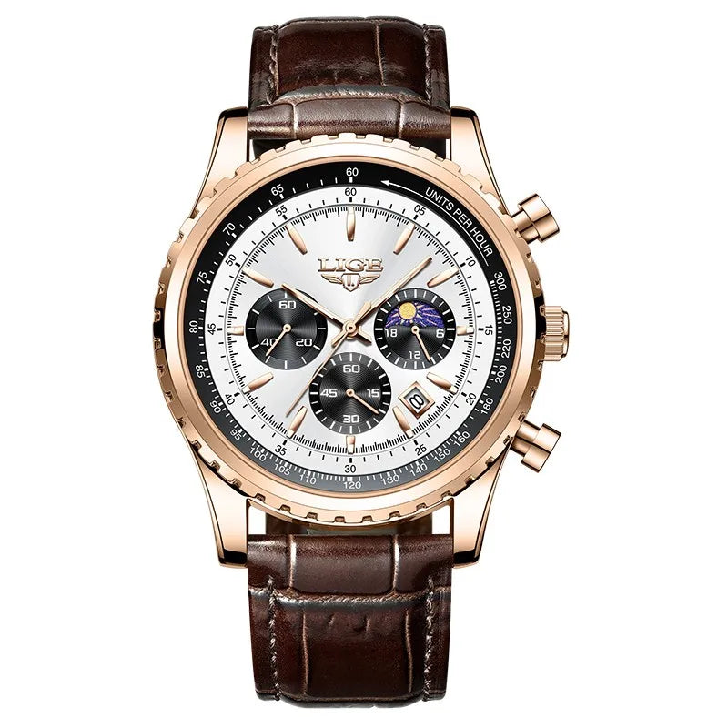 LIGE8989 Chronograph Luxo Couro Marrom Masculino