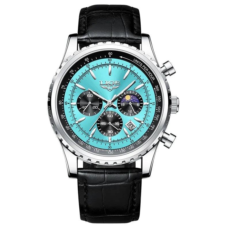 LIGE8989 Chronograph Luxo Couro Marrom Masculino