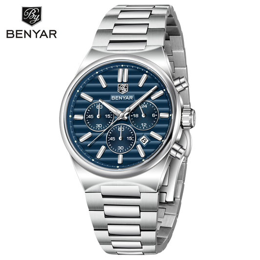 Benyar Luxury Steel Chronograph Watch – Blue Dial