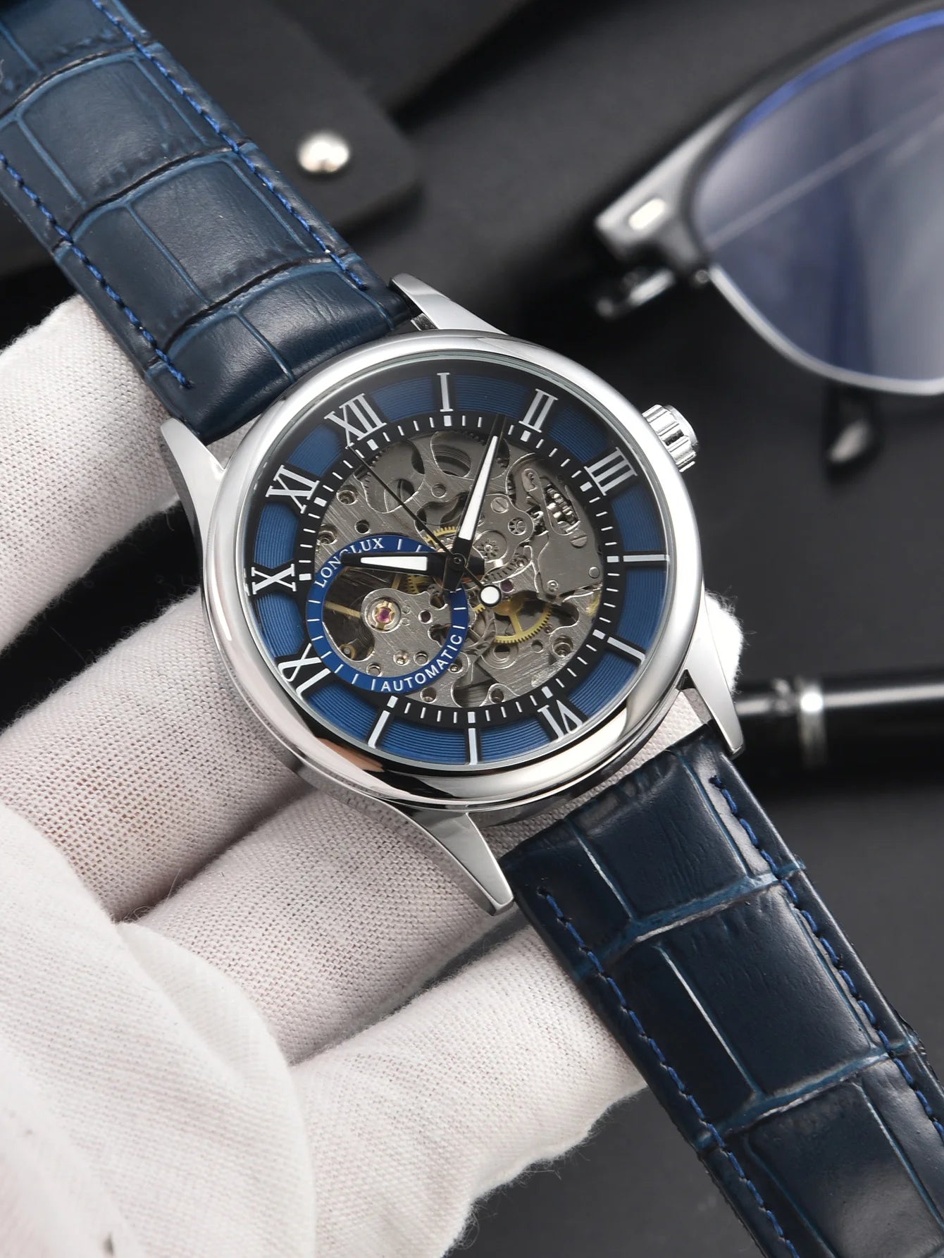 LONGLUX Automatic Skeleton Watch with Blue Strap