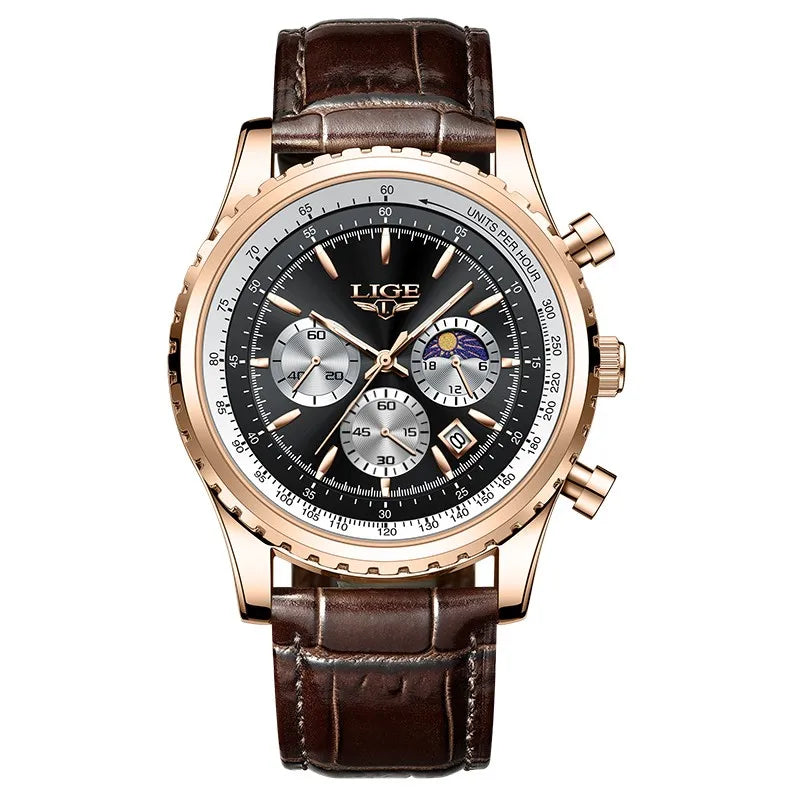 LIGE8989 Chronograph Luxo Couro Marrom Masculino